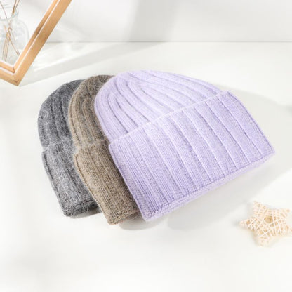 Versatile Knitted Hat with Rabbit Hair - Vertical Strip Design