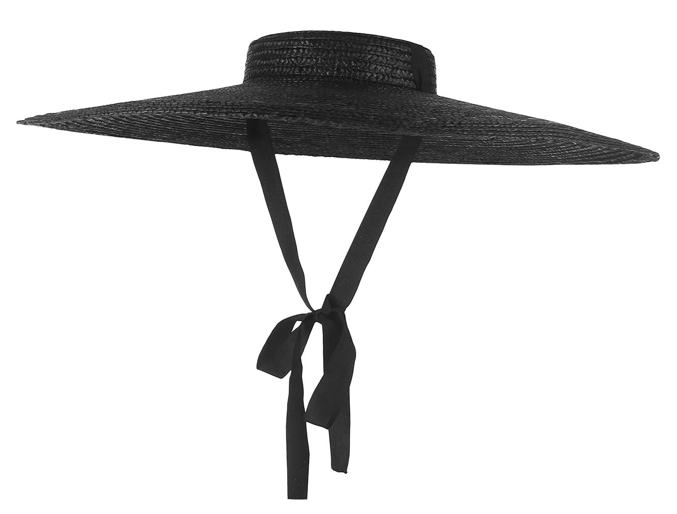 Stylish Black Wide Brim Straw Hat - Fashionable Summer Hat for Women with Ribbon and Chin Strap