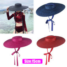 Chapeau de paille noir élégant à large bord – Chapeau d'été à la mode pour femme avec ruban et mentonnière
