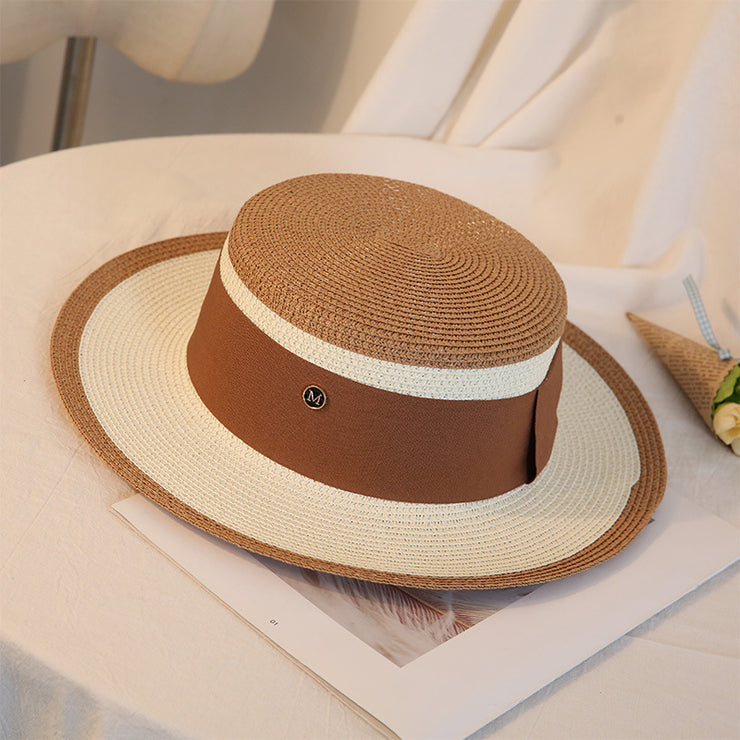 Elegant Retro Flat Top Straw Hat for Women - Breathable and Stylish with M Letter and Flower Detail