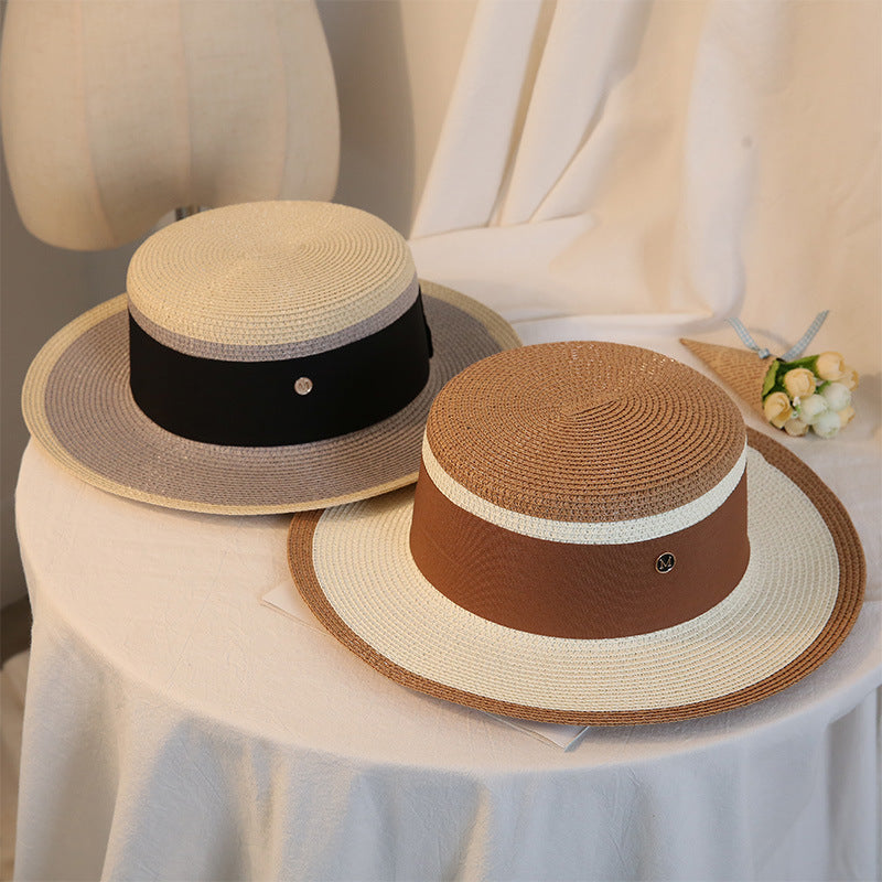 Elegant Retro Flat Top Straw Hat for Women - Breathable and Stylish with M Letter and Flower Detail
