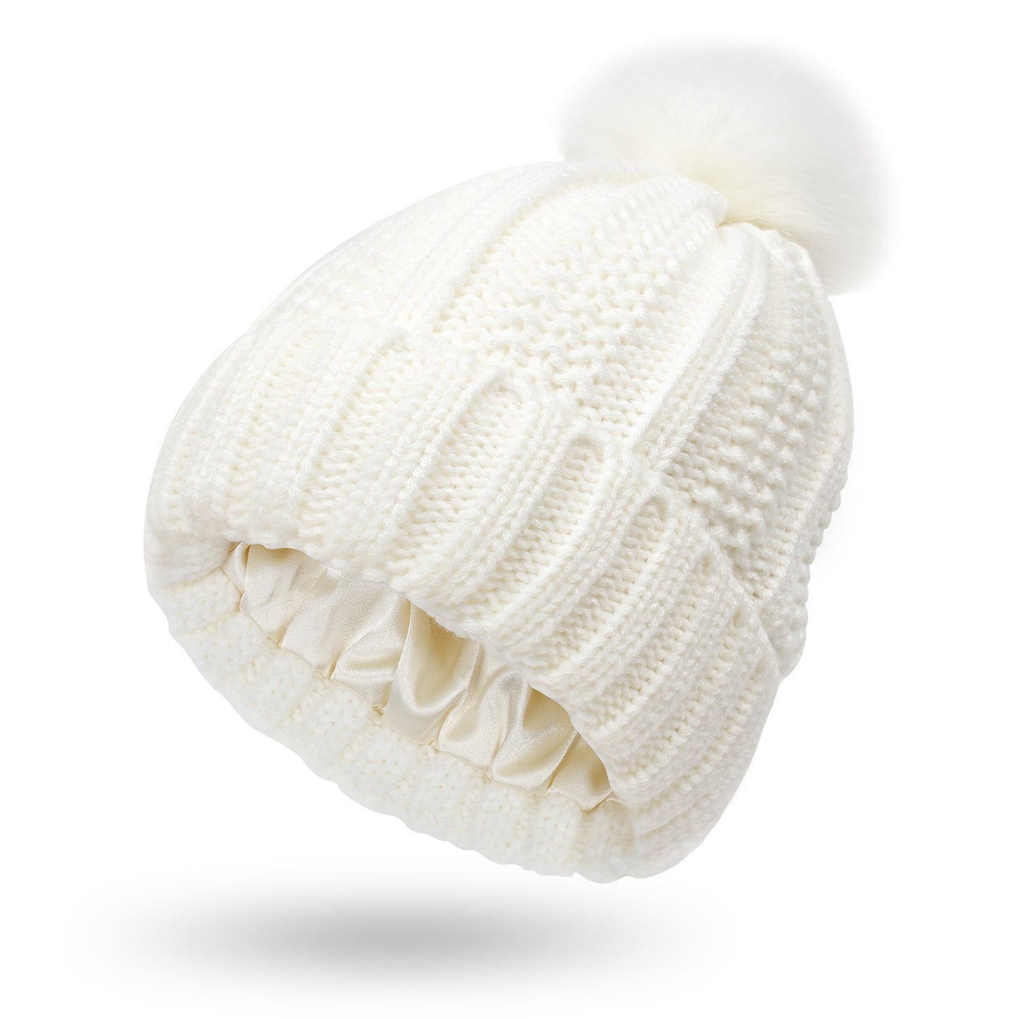 Stylish Satin-Lined Skull Knit Beanie with Faux Fur Pom Pom - Winter Warming Hat for Women