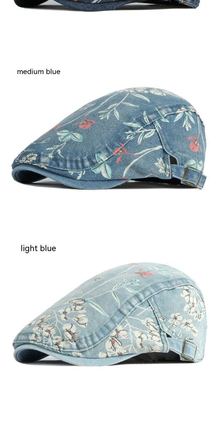 Stylish Denim Advance Hat with Flower Print - All-Matching Peaked Cap