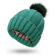 Stylish Satin-Lined Skull Knit Beanie with Faux Fur Pom Pom - Winter Warming Hat for Women