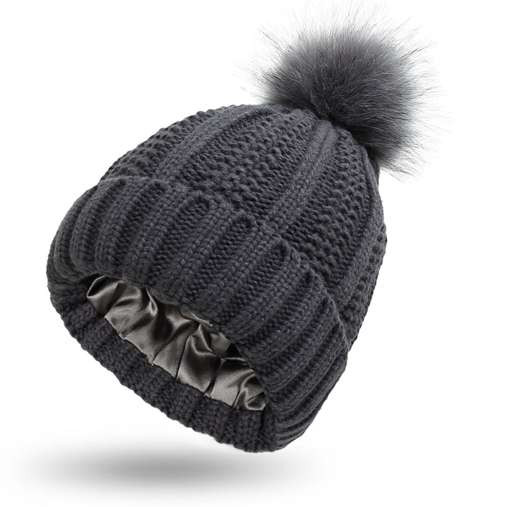 Stylish Satin-Lined Skull Knit Beanie with Faux Fur Pom Pom - Winter Warming Hat for Women