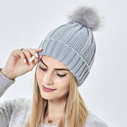 Stylish Satin-Lined Skull Knit Beanie with Faux Fur Pom Pom - Winter Warming Hat for Women