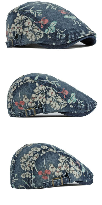 Stylish Denim Advance Hat with Flower Print - All-Matching Peaked Cap