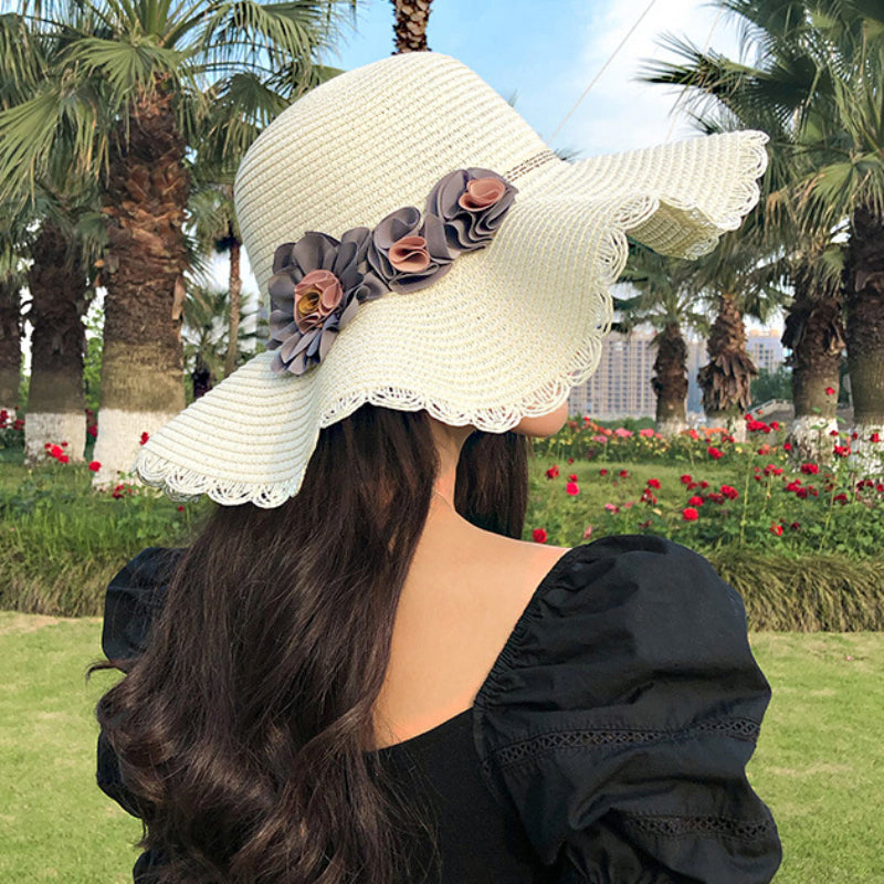 Women's Straw Hat with Large Flower - Simple and Elegant Shade