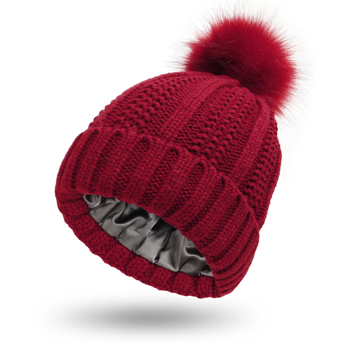 Stylish Satin-Lined Skull Knit Beanie with Faux Fur Pom Pom - Winter Warming Hat for Women