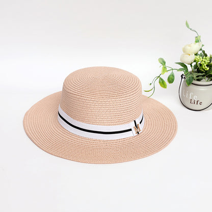 Standard Flat Top Straw Hat with Rhinestone "M" - Perfect Seaside Shade