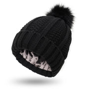 Stylish Satin-Lined Skull Knit Beanie with Faux Fur Pom Pom - Winter Warming Hat for Women