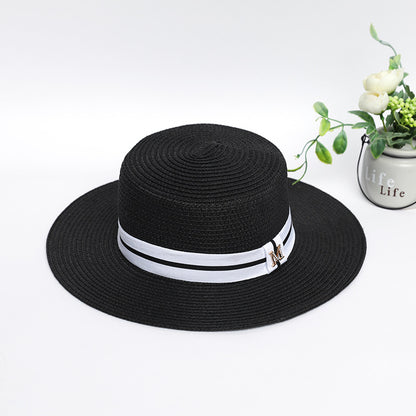 Standard Flat Top Straw Hat with Rhinestone "M" - Perfect Seaside Shade